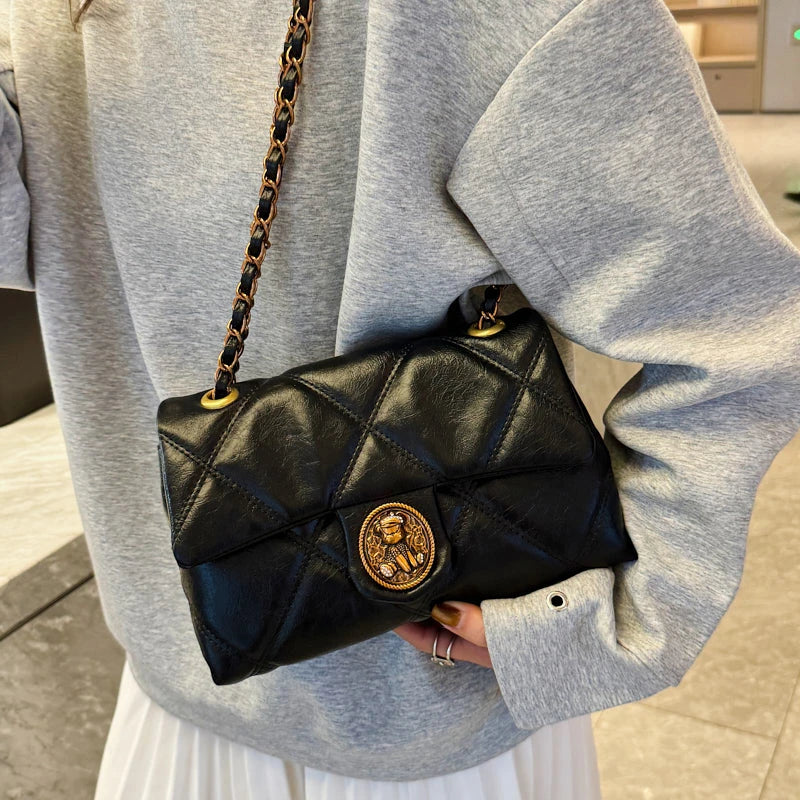 Women's Luxury Lingge Pattern PU Leather Crossbody Bag — Designer Underarm Shoulder Handbag