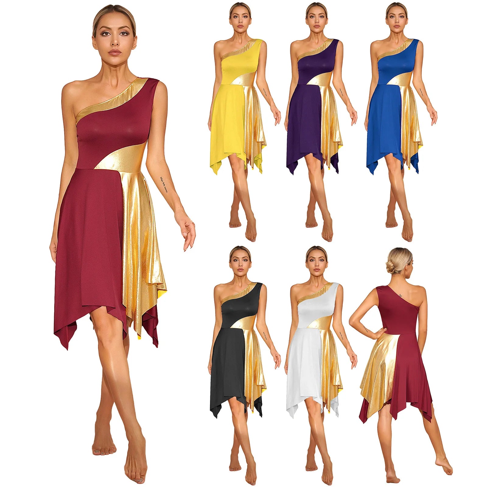 Women's Polyester-Spandex One-Shoulder Metallic Lyrical Dance Worship Dress
