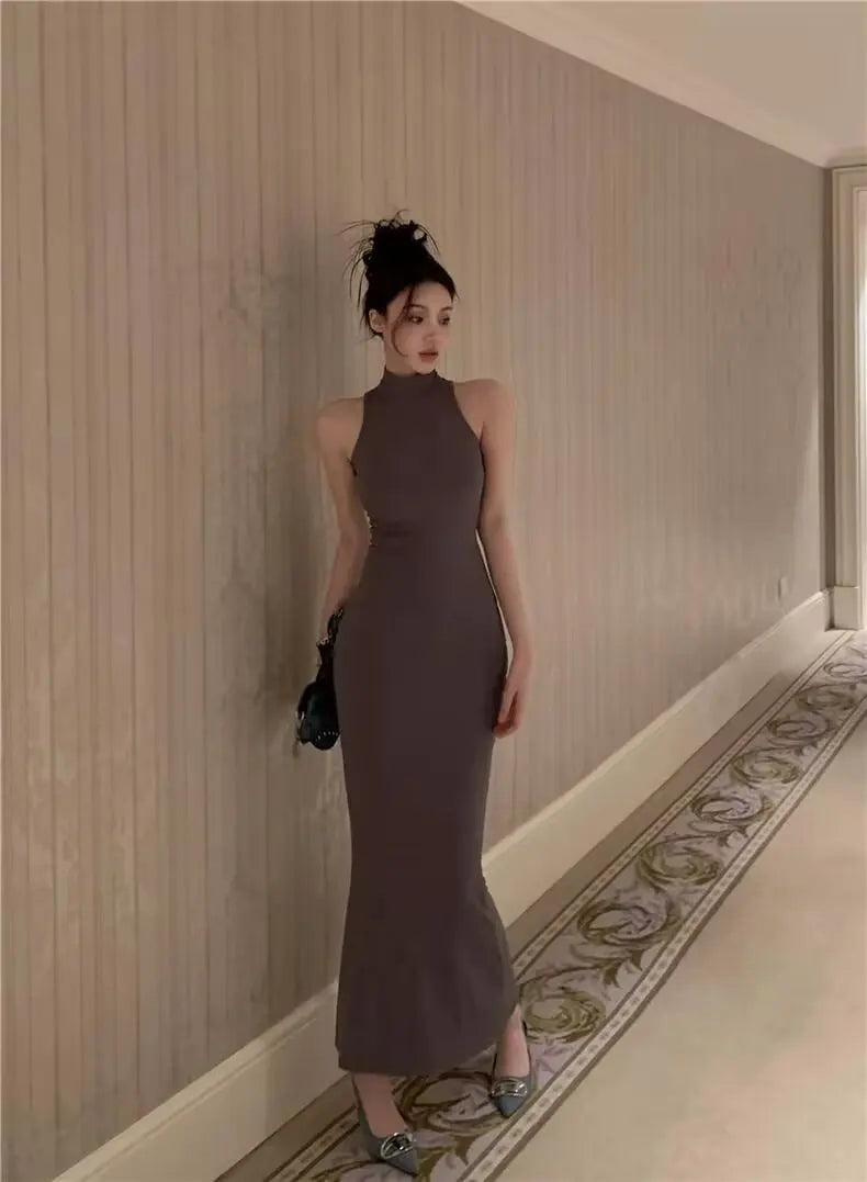Women's Turtleneck Knit Bodycon Ankle-Length Maxi Dress