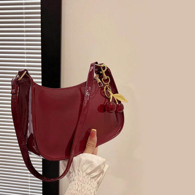 Women's PU Leather Shoulder Bag — Solid Colour Cherry Pendant Casual Underarm Bag