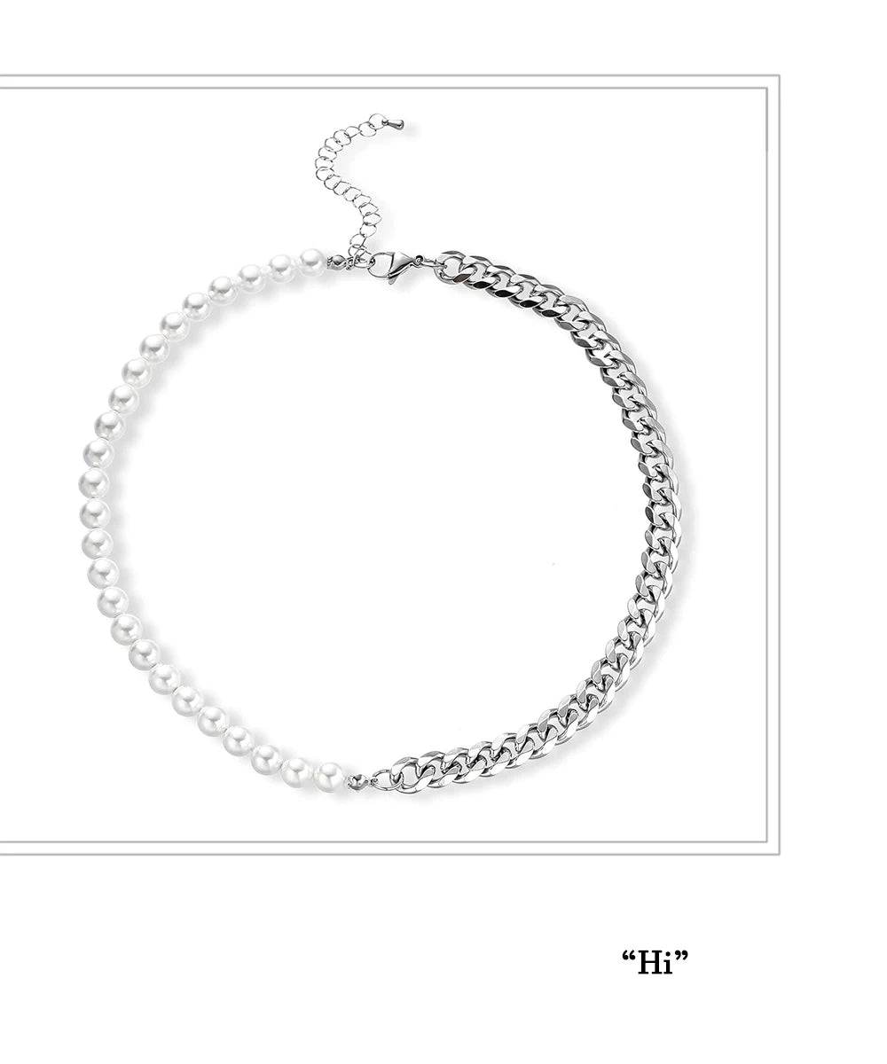 Men's Half Pearl Half Cuban Link Chain Necklace — Stainless Steel Silver Jewellery (43 cm)