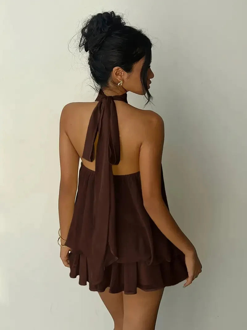 Women's Polyester Backless Slim-Fit A-Line Beach Dress
