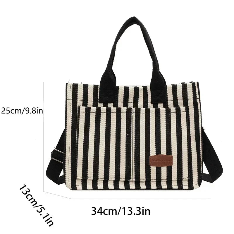 Women's Large Capacity Striped Canvas Shoulder Bag — Versatile Commuter & Travel Tote