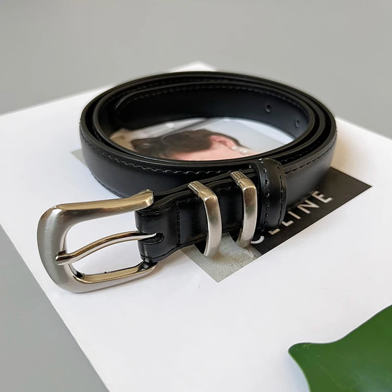 Women's Real Leather Jeans Belt — Metal Buckle Casual Waistband (104 cm)