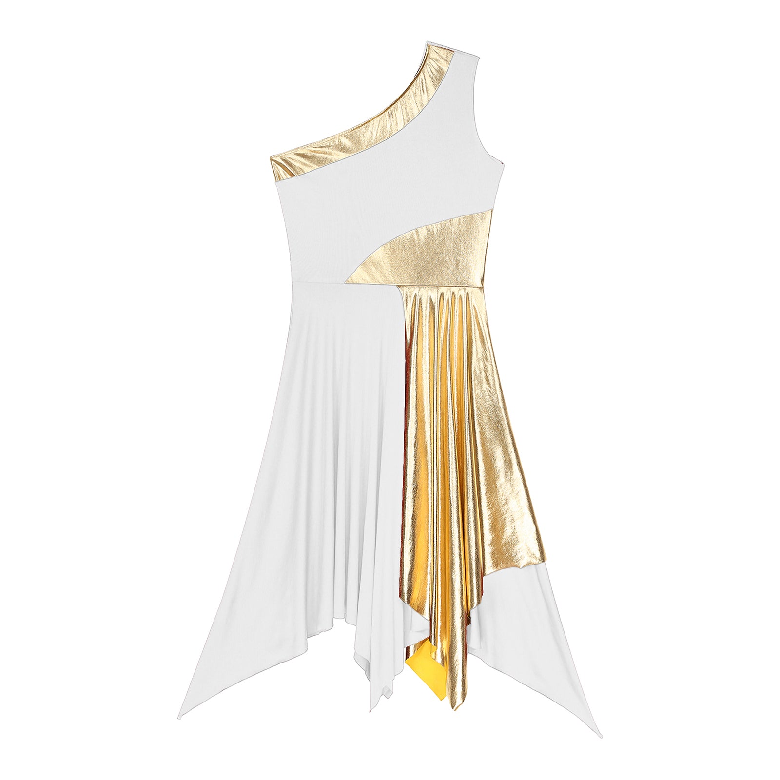 Women's Polyester-Spandex One-Shoulder Metallic Lyrical Dance Worship Dress