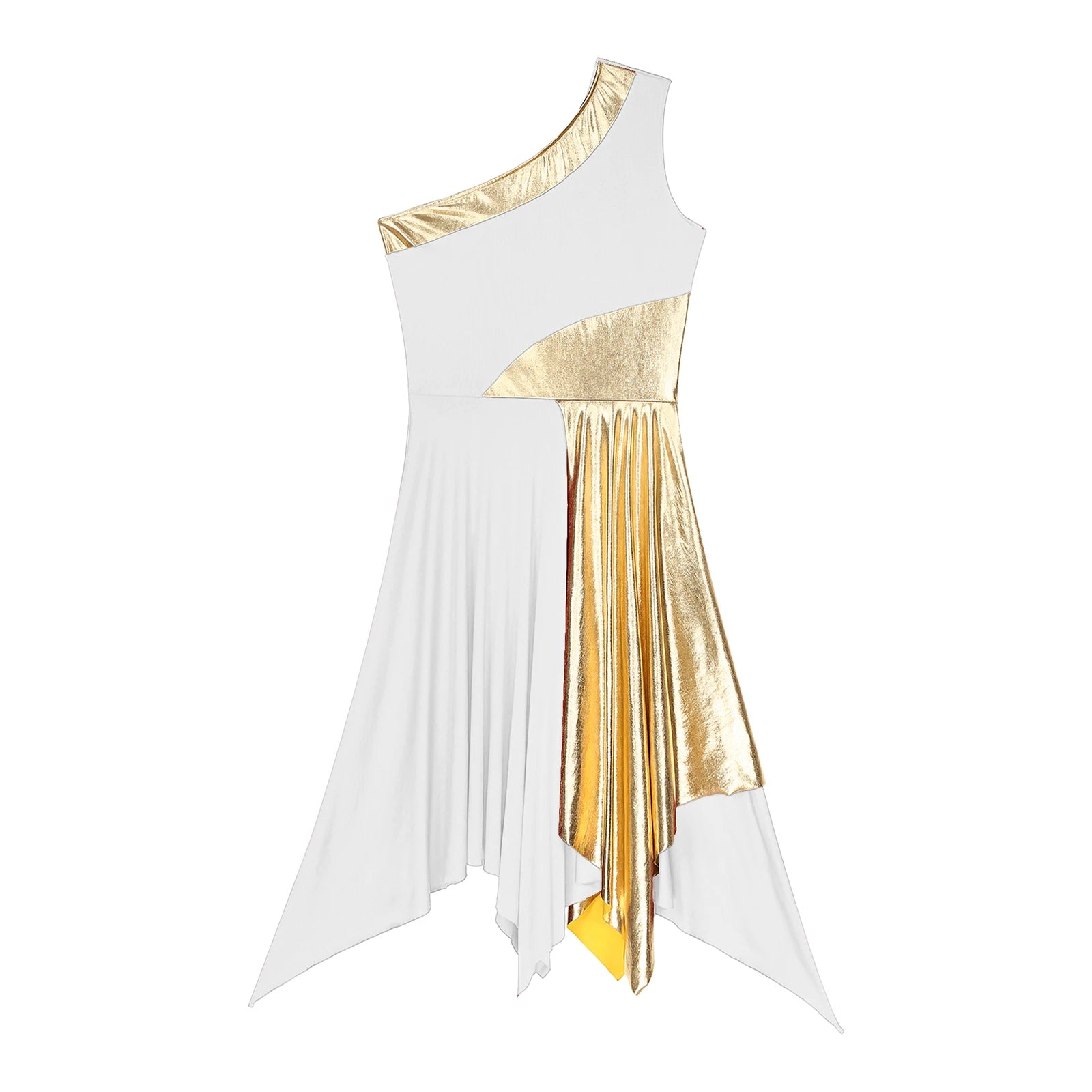 Women's Polyester-Spandex One-Shoulder Metallic Lyrical Dance Worship Dress