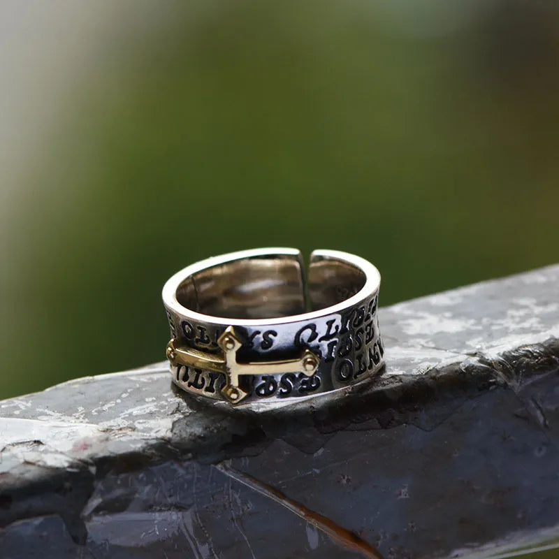 Men's Retro Two-Tone Cross Ring — Adjustable Copper Silver Plated Luxury Statement Ring