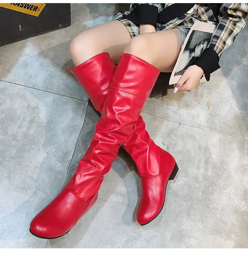 TrenLux Wear Women's Pleated Lace-Up Knee-High Boots — Low Heel, Black, White & Red, Sizes 35–43 TrenLux Wear