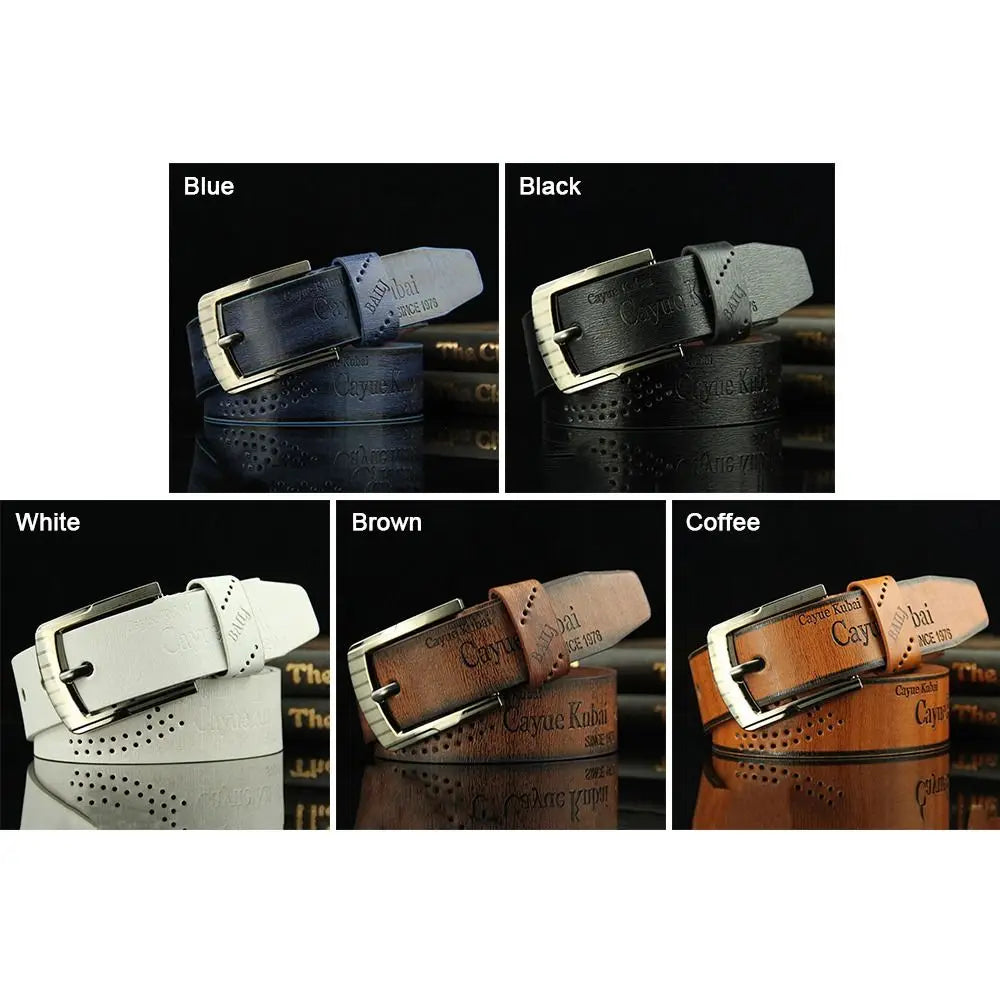 Men's Luxury Letter Print PU Leather Belt — Classic Buckle Cowboy Vintage Waistband (110 cm)