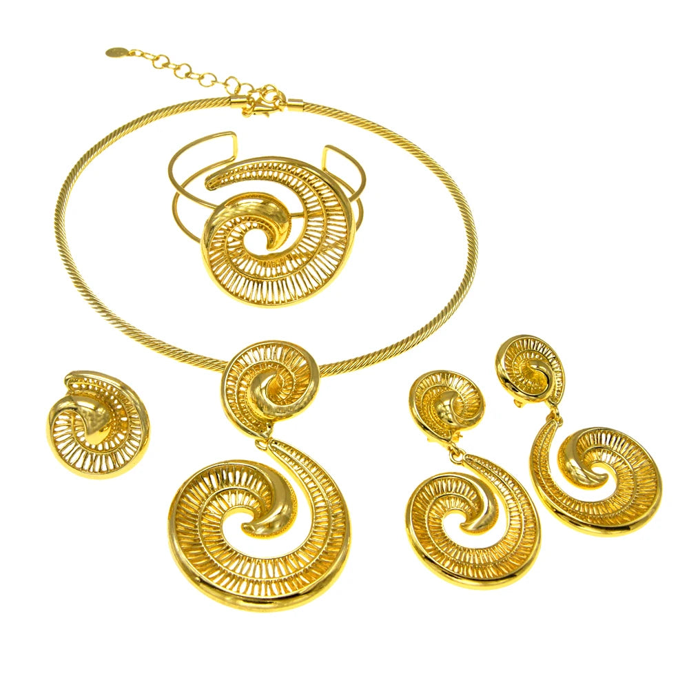 Women's Gold Plated Jewellery Set — Necklace, Earrings, Ring & Bracelet Italian Fashion