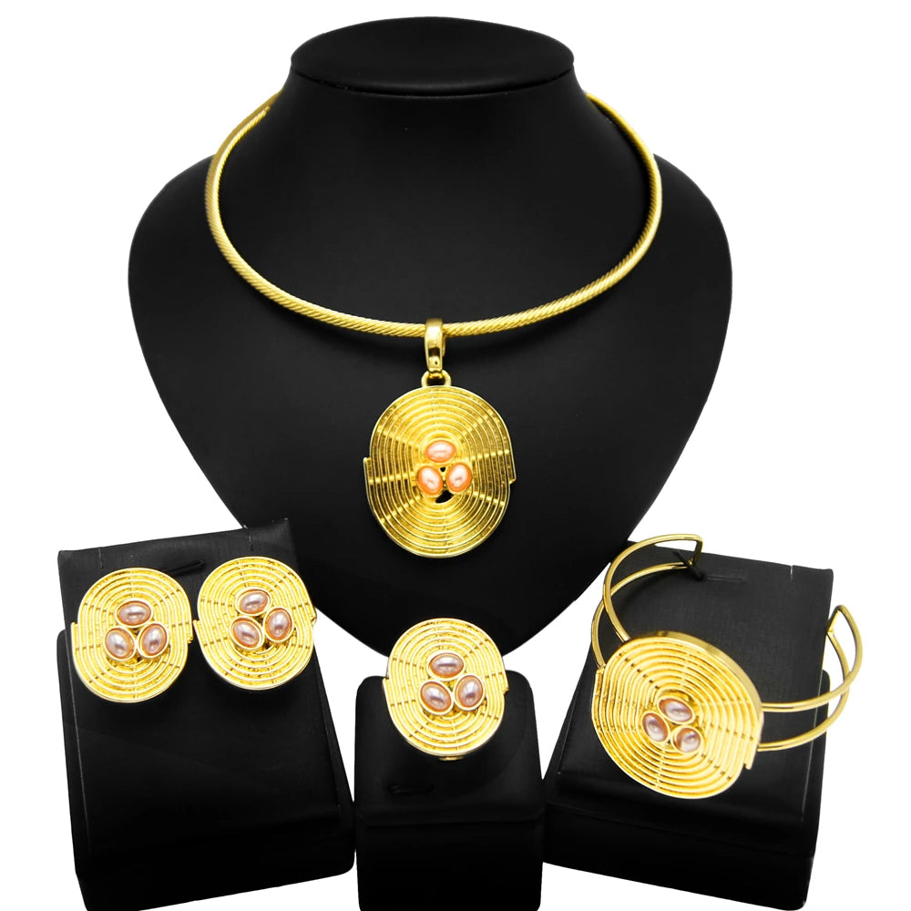 Women's Gold Plated Jewellery Set — Necklace, Earrings, Ring & Bracelet Italian Fashion