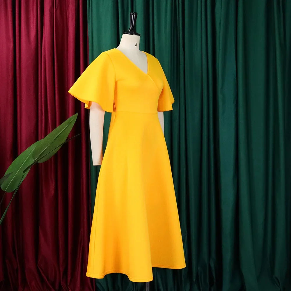 Women's V-Neck Flare Sleeve High Waist Pleated A-Line Dress