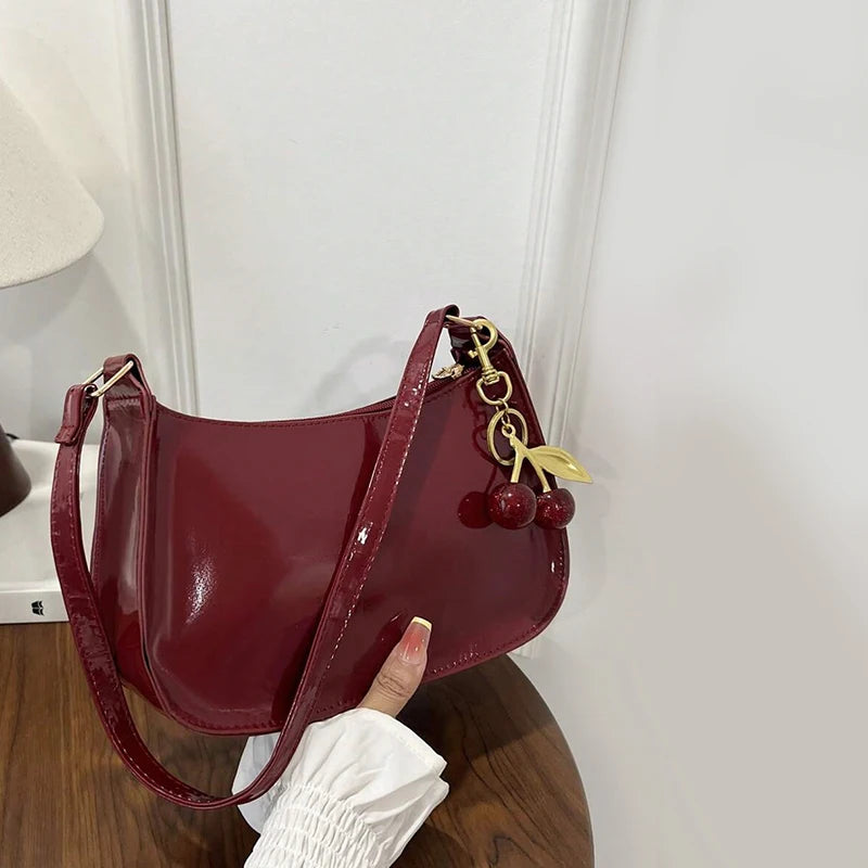Women's PU Leather Shoulder Bag — Solid Colour Cherry Pendant Casual Underarm Bag