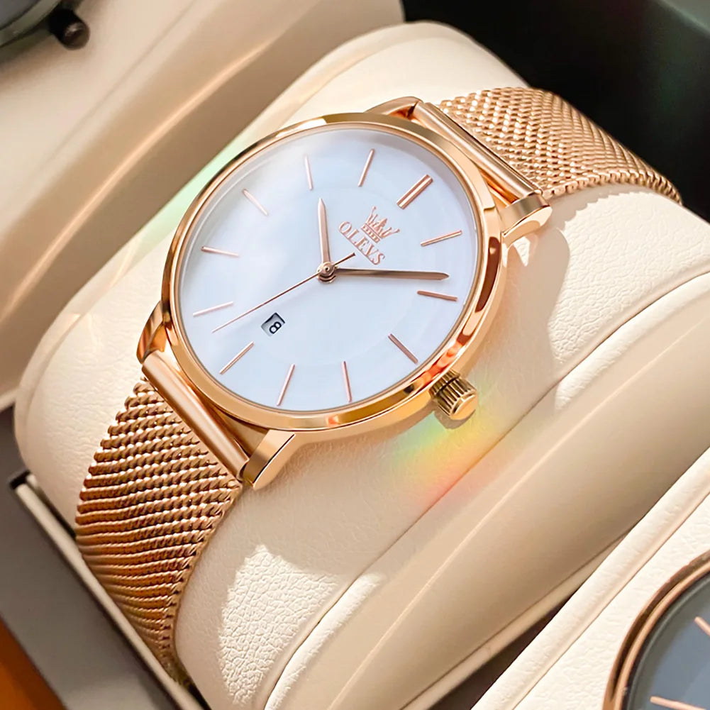 OLEVS Women's Rose Gold Quartz Watch — Luxury Stainless Steel Bracelet Gift Set