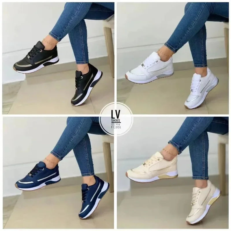 Women's Lace-Up Height-Increasing Sneakers — Mixed Colour Mid Heel Casual Shoes
