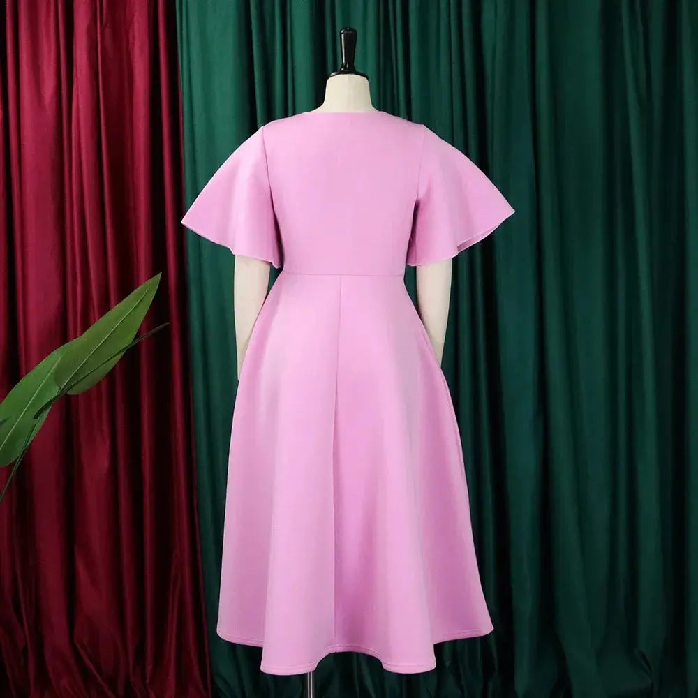 TrenLux Wear Women's Polyester High Waist Flare Sleeve Pleated A-Line Midi Dress The Glow Sanctuary