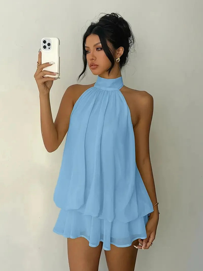 Women's Polyester Backless Slim-Fit A-Line Beach Dress