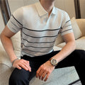 Men's Slim-Fit Knitted Striped T-Shirt — Smart Casual Turn-Down Collar