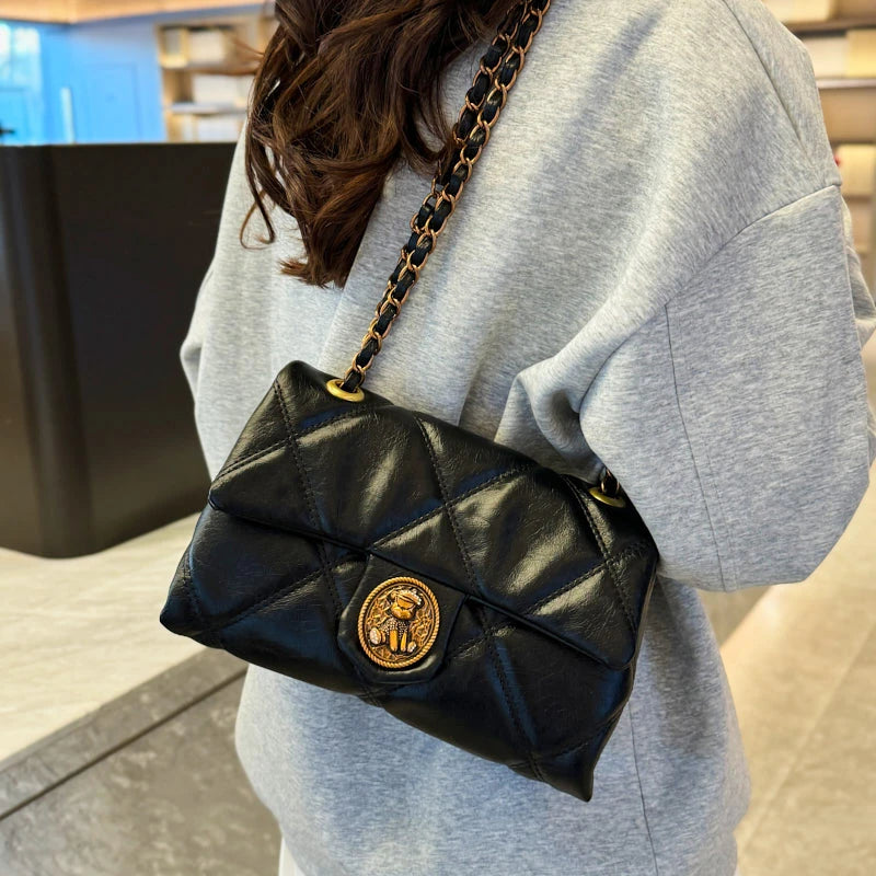 Women's Luxury Lingge Pattern PU Leather Crossbody Bag — Designer Underarm Shoulder Handbag