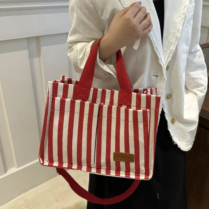 Women's Large Capacity Striped Canvas Shoulder Bag — Versatile Commuter & Travel Tote