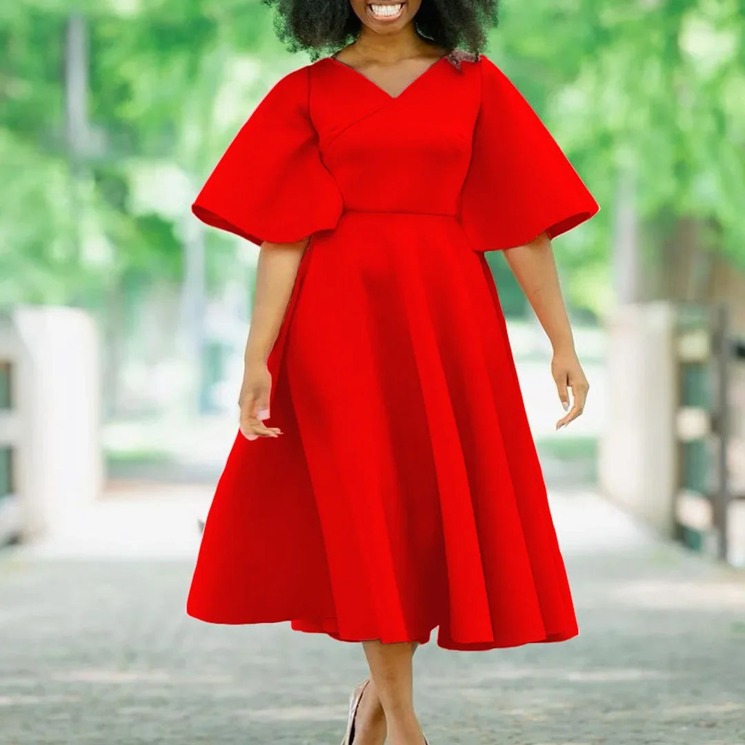 Women's V-Neck Flare Sleeve High Waist Pleated A-Line Dress