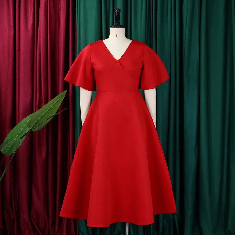 Women's V-Neck Flare Sleeve High Waist Pleated A-Line Dress