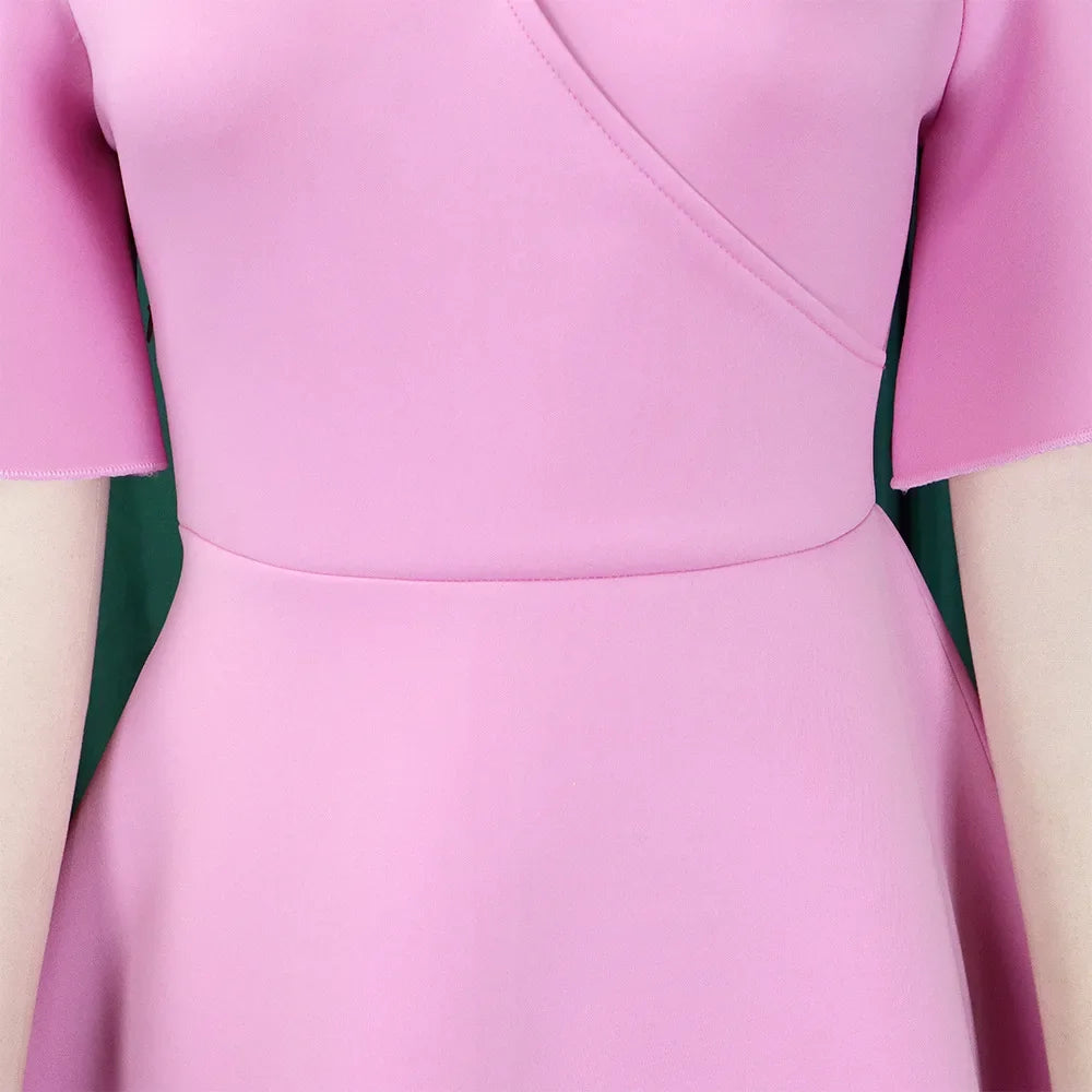 Women's V-Neck Flare Sleeve High Waist Pleated A-Line Dress