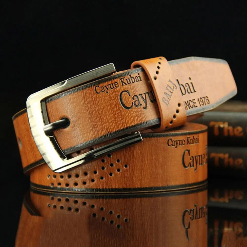 Men's Luxury Letter Print PU Leather Belt — Classic Buckle Cowboy Vintage Waistband (110 cm)
