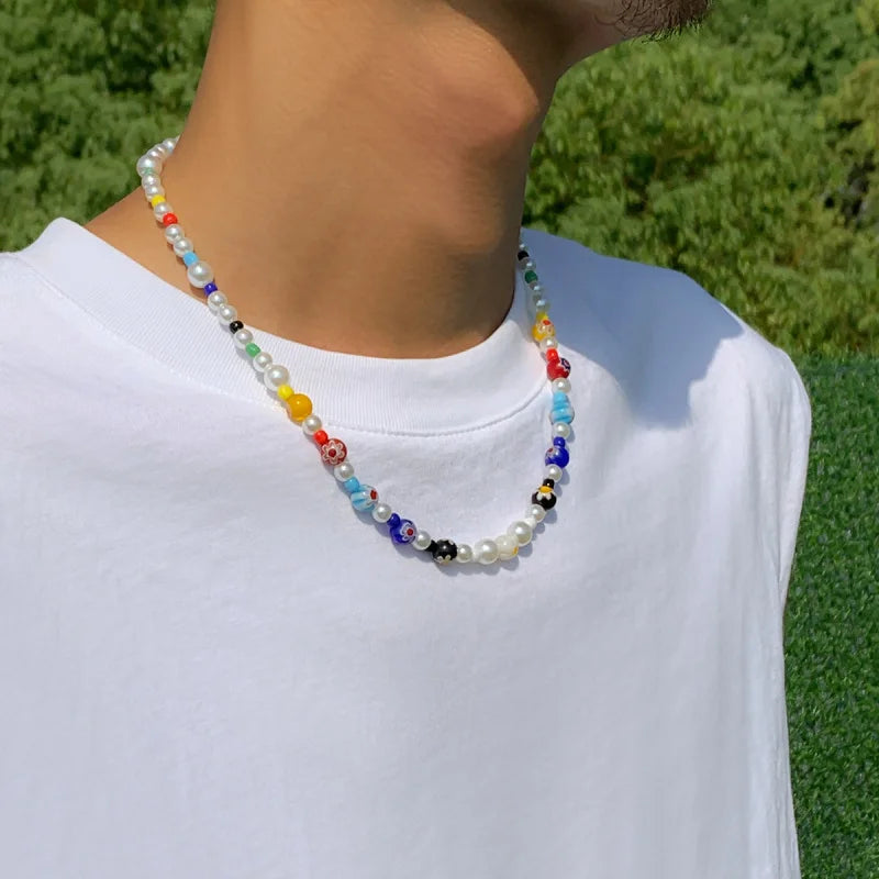 Men's Glass Flower Beaded Choker Necklace — Hip-Hop Gothic Punk Layered Pendant Chain