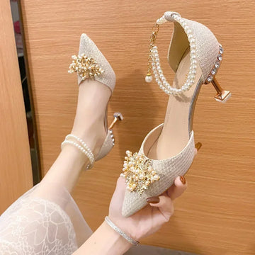 Women's Pointed Toe Metal Beaded High Heel Wedding Banquet Pumps