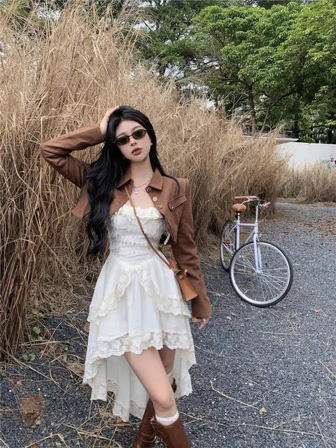 Women's Lace Ruffle Slash-Neck Sling Midi Dress