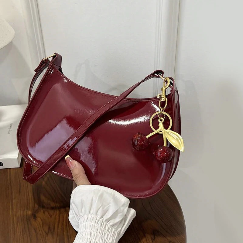 Women's PU Leather Shoulder Bag — Solid Colour Cherry Pendant Casual Underarm Bag