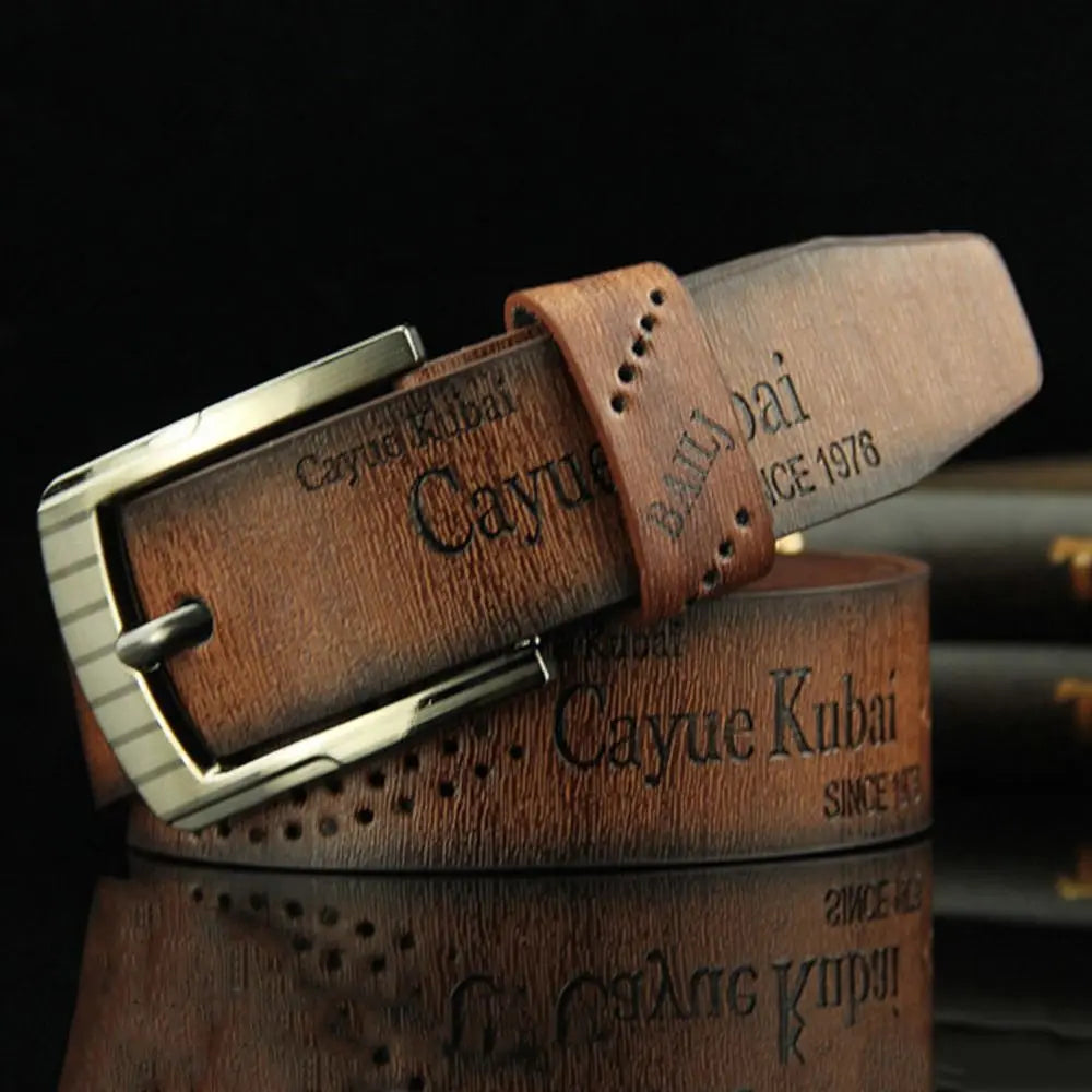 Men's Luxury Letter Print PU Leather Belt — Classic Buckle Cowboy Vintage Waistband (110 cm)