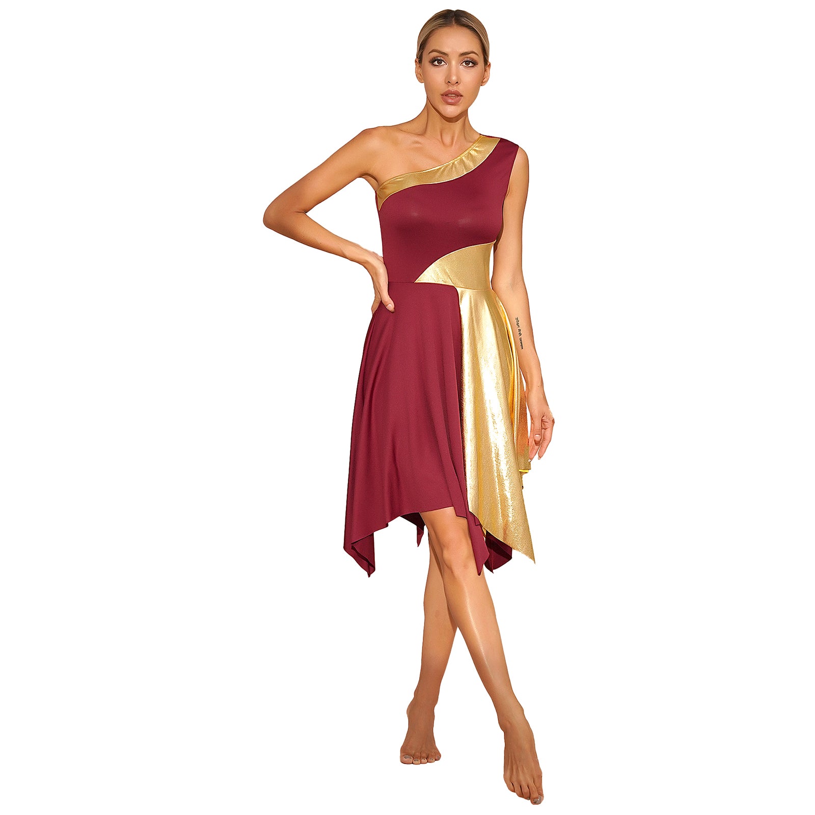 Women's Polyester-Spandex One-Shoulder Metallic Lyrical Dance Worship Dress
