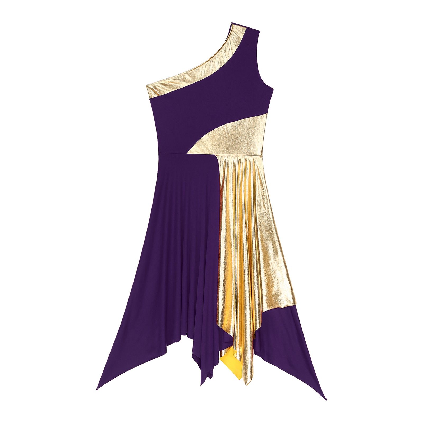 Women's Polyester-Spandex One-Shoulder Metallic Lyrical Dance Worship Dress