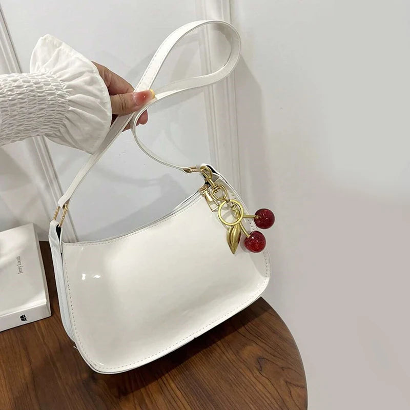 Women's PU Leather Shoulder Bag — Solid Colour Cherry Pendant Casual Underarm Bag