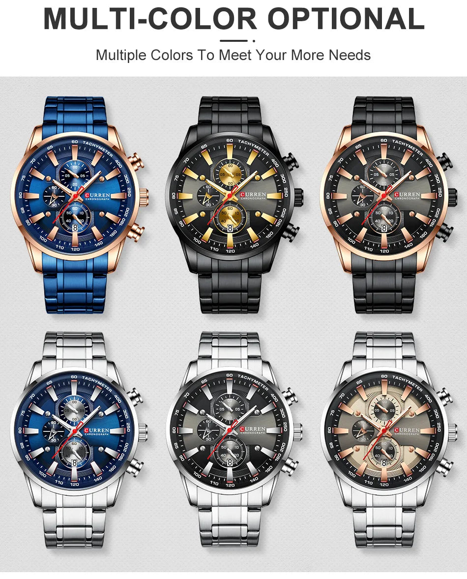 CURREN Men's Sport Chronograph Quartz Watch — Waterproof Stainless Steel