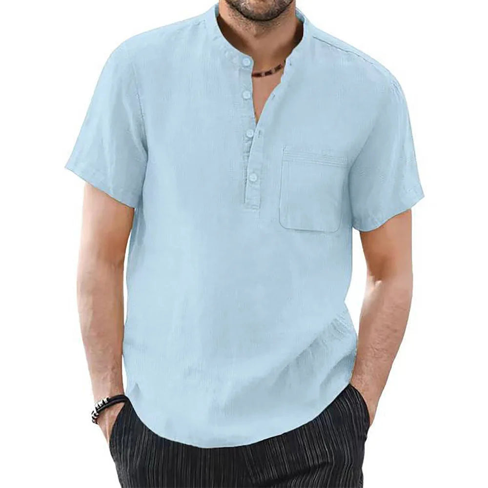 Men's Cotton Linen Short Sleeve Shirt — Breathable Casual Summer Top