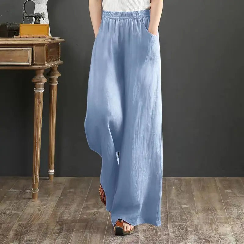 TrendLux Women's Linen Cotton Casual Trousers – Elastic Waist Wide Leg Pants