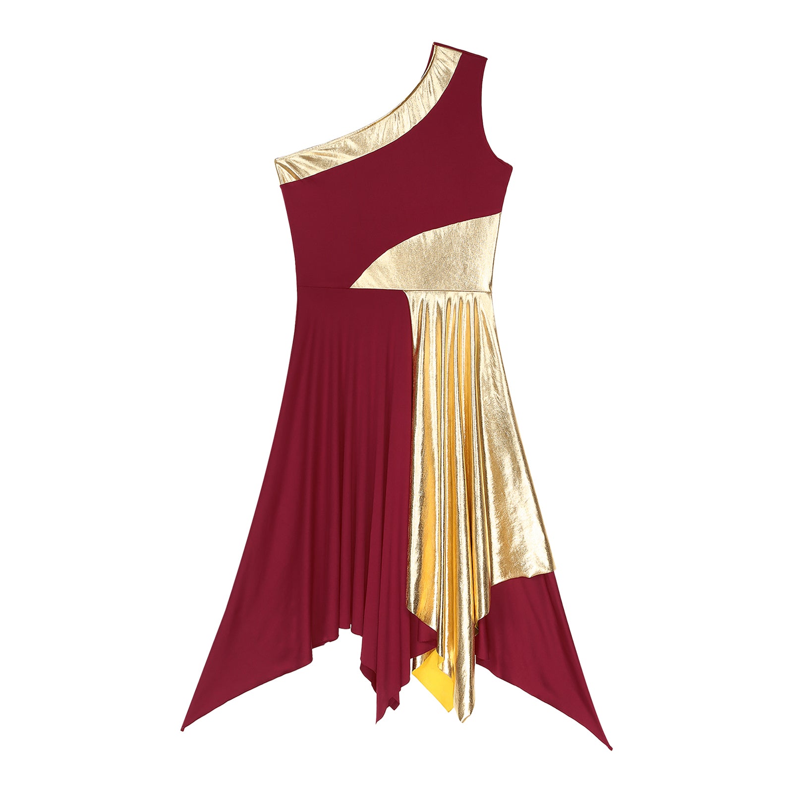 Women's Polyester-Spandex One-Shoulder Metallic Lyrical Dance Worship Dress
