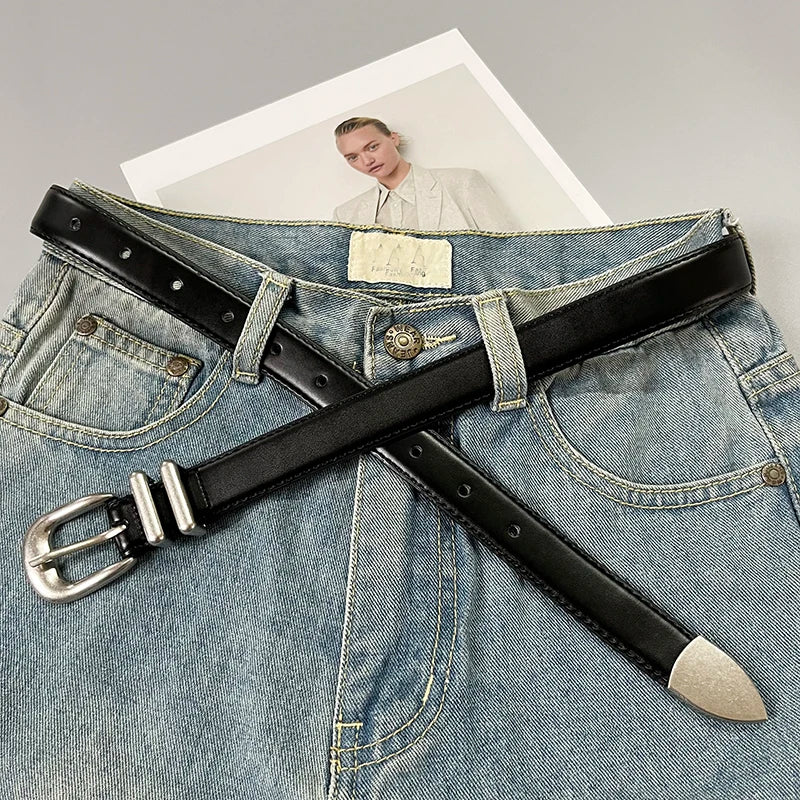 Women's Real Leather Jeans Belt — Metal Buckle Casual Waistband (104 cm)