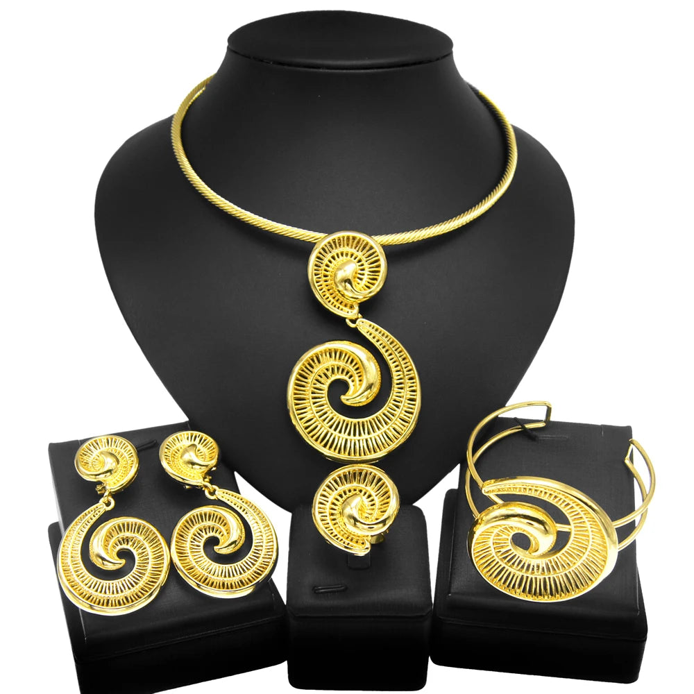 Women's Gold Plated Jewellery Set — Necklace, Earrings, Ring & Bracelet Italian Fashion