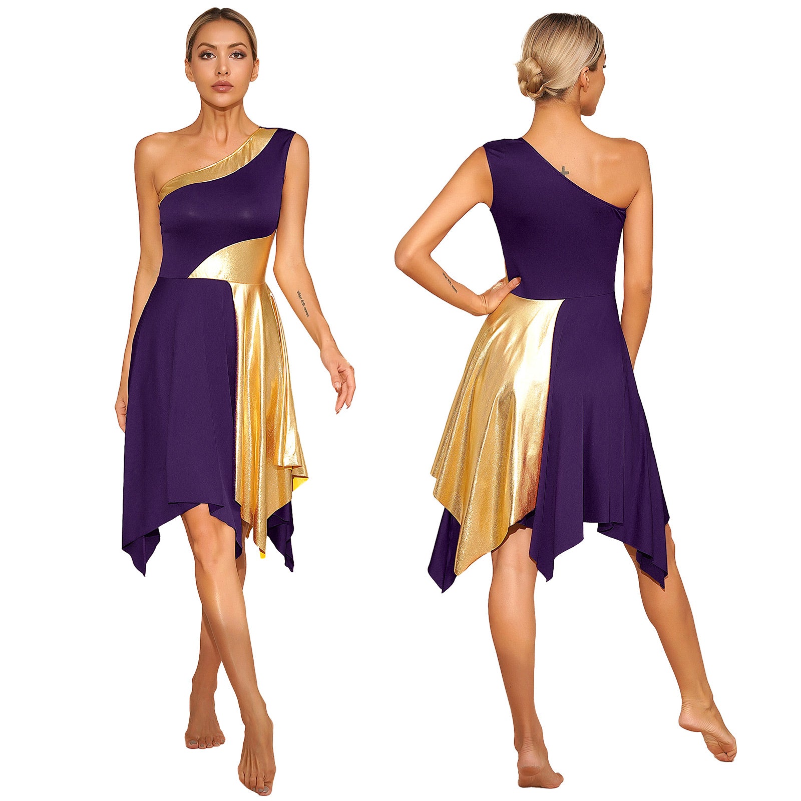 Women's Polyester-Spandex One-Shoulder Metallic Lyrical Dance Worship Dress