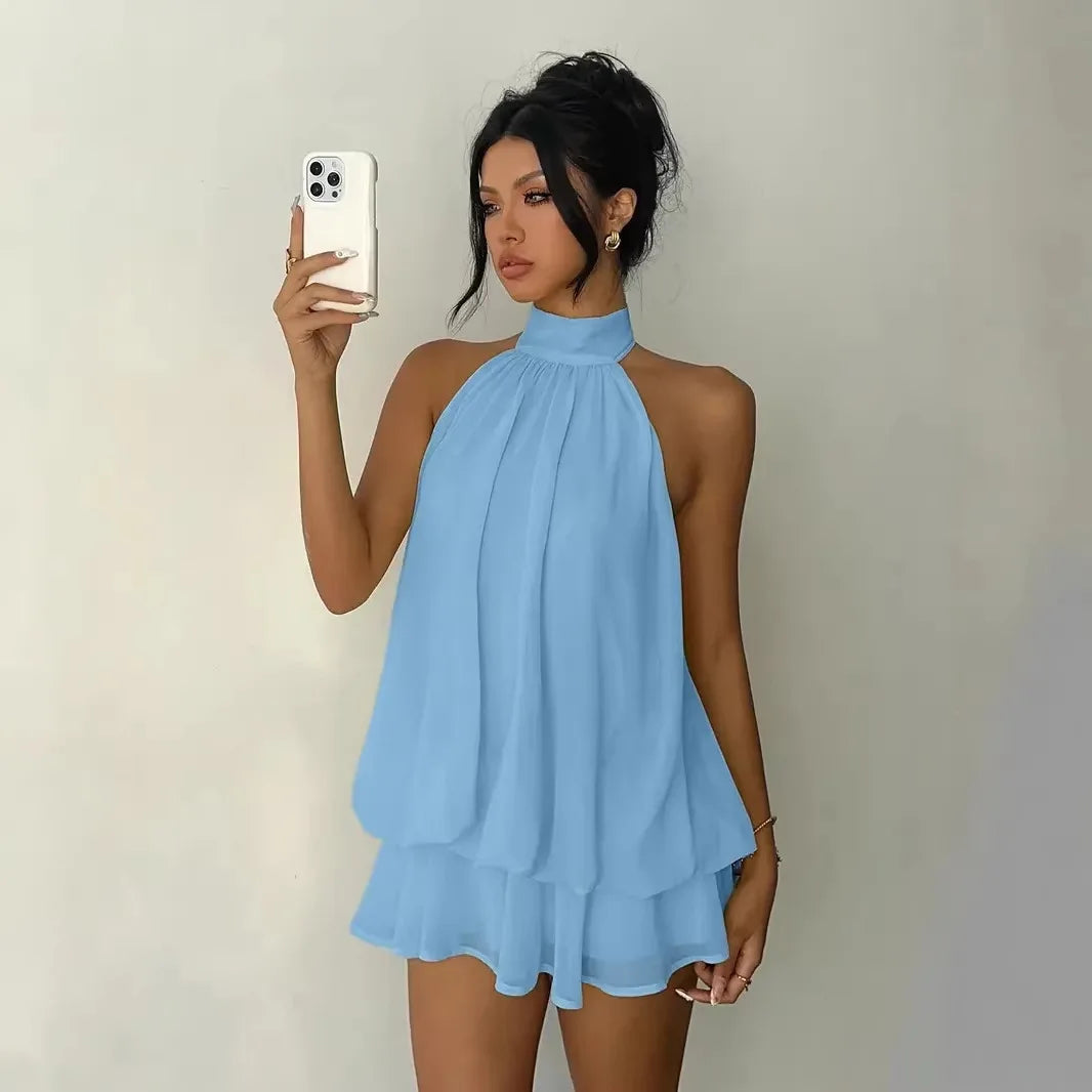 Women's Polyester Backless Slim-Fit A-Line Beach Dress