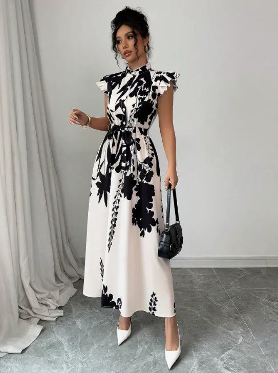 Women's Elegant Black & White Patchwork Sash Dress