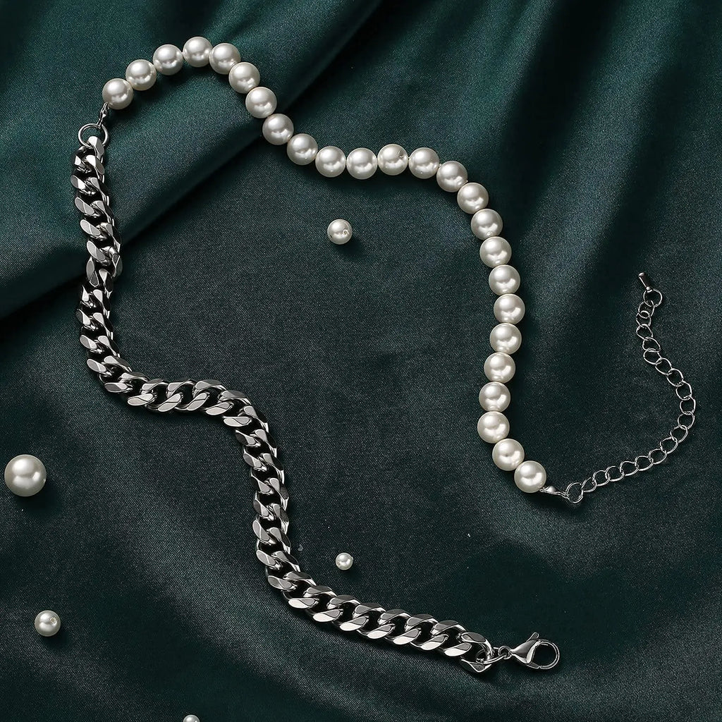 Men's Half Pearl Half Cuban Link Chain Necklace — Stainless Steel Silver Jewellery (43 cm)