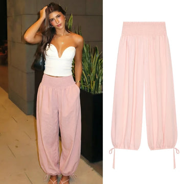 TrendLux Women's Pink High Waist Wide Leg Balloon Pants – Casual Summer Trousers