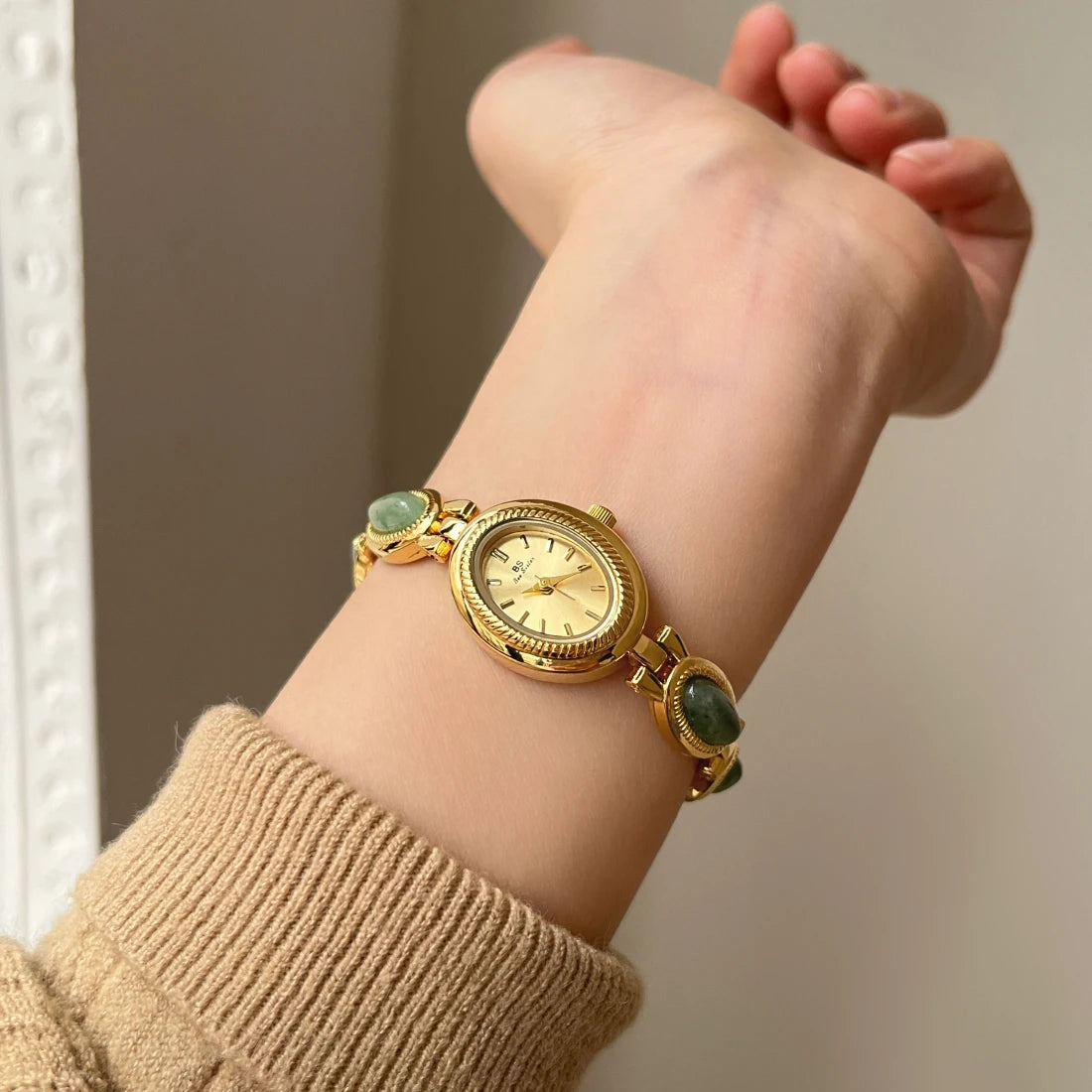 Women's Luxury Jade Green Jewelry Bracelet Quartz Dress Wristwatch