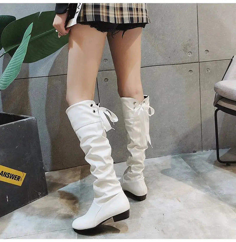 TrenLux Wear Women's Pleated Lace-Up Knee-High Boots — Low Heel, Black, White & Red, Sizes 35–43 TrenLux Wear