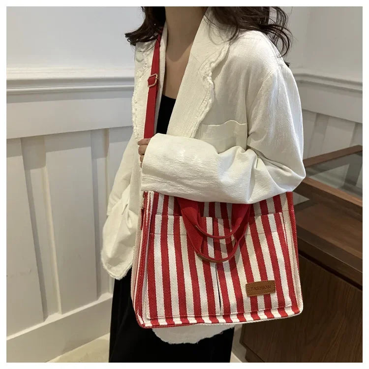 Women's Large Capacity Striped Canvas Shoulder Bag — Versatile Commuter & Travel Tote